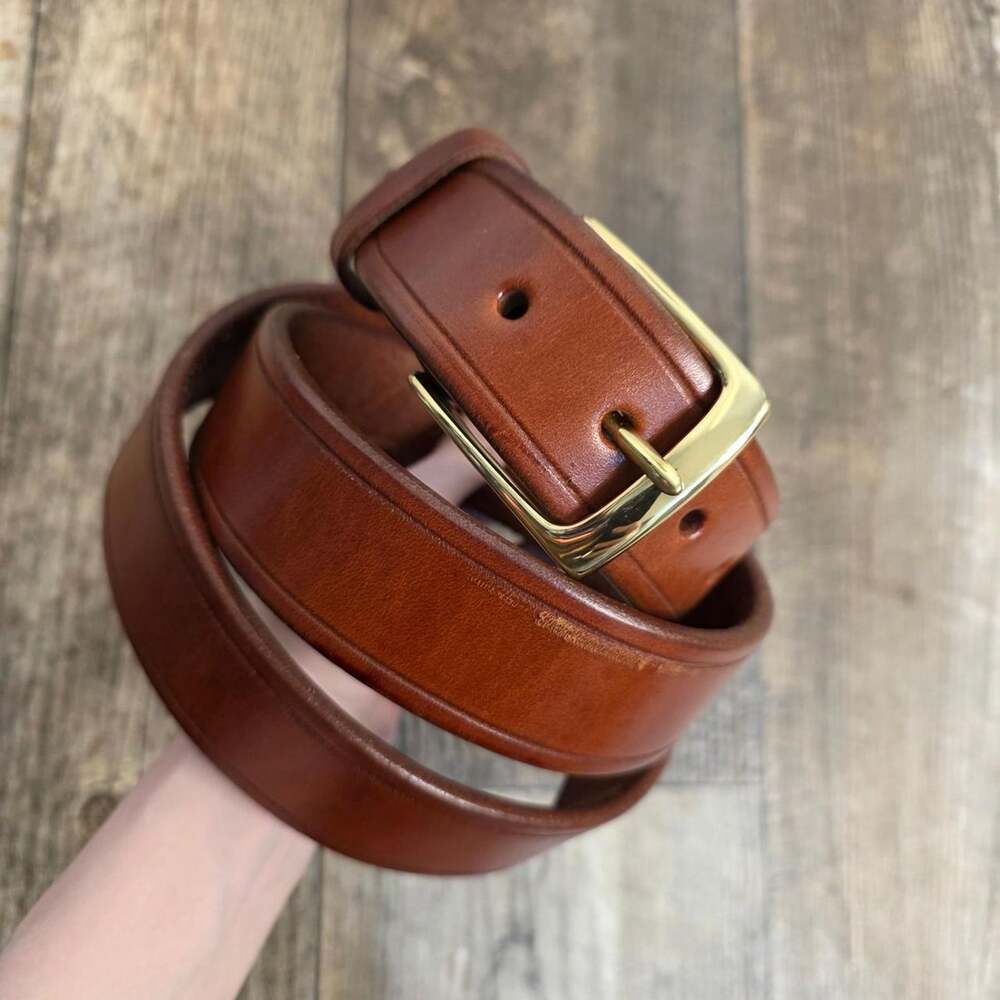 Vintage Leather Thick Heavy Duty Belt Brown Gold Classic Minimalist Workwear